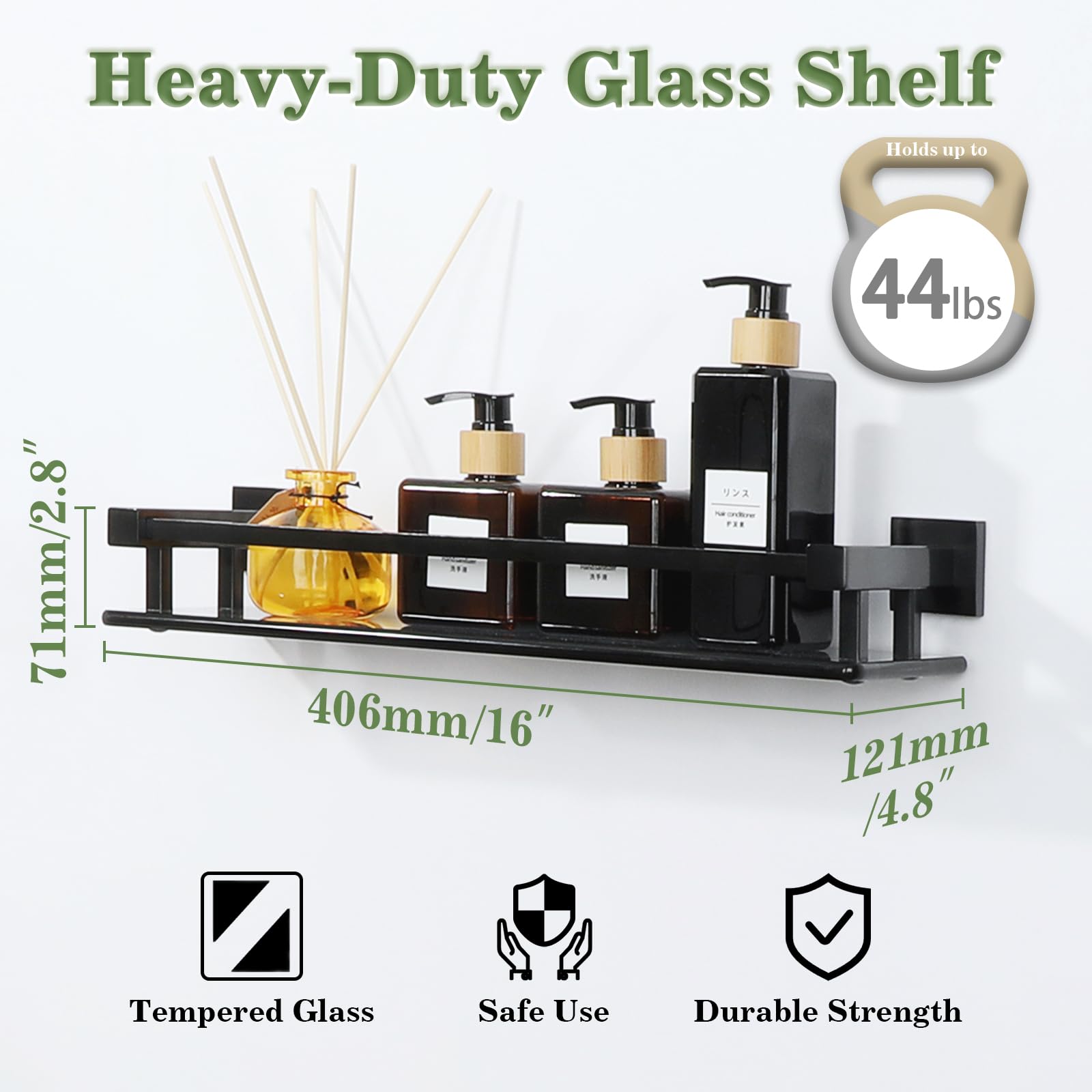 Alise Glass Bathroom Shelf, Matte Black Tempered Glass Shelves For Bathroom, Stainless Steel Modern Bathroom Floating Shelves Wa